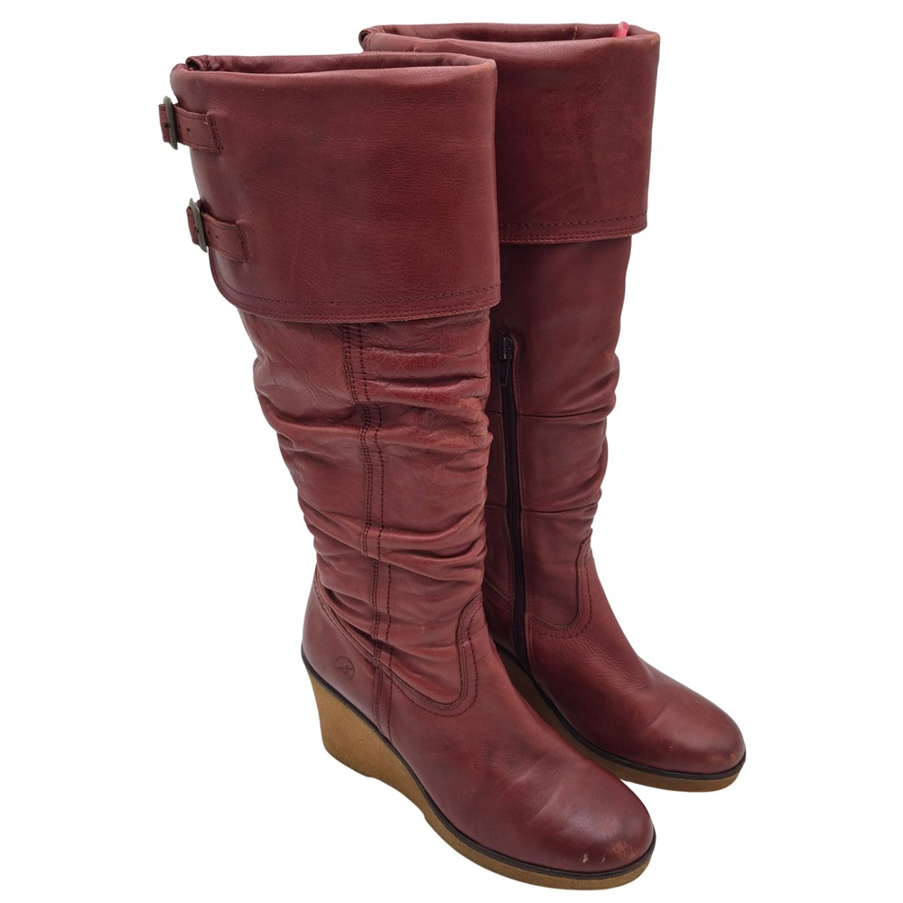 Bronx Burgundy Leather Slouchy Wedge Boots Cuff Buckle Detail Size 6.5